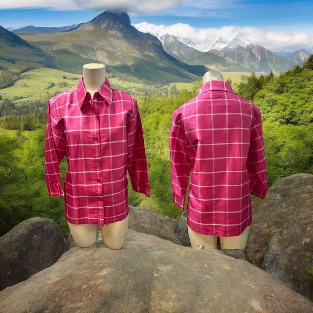 Linea, Woman, Blouse, Sz M, Plaid, pink+white,Long Sleeve,Silk,Shirt collar.!